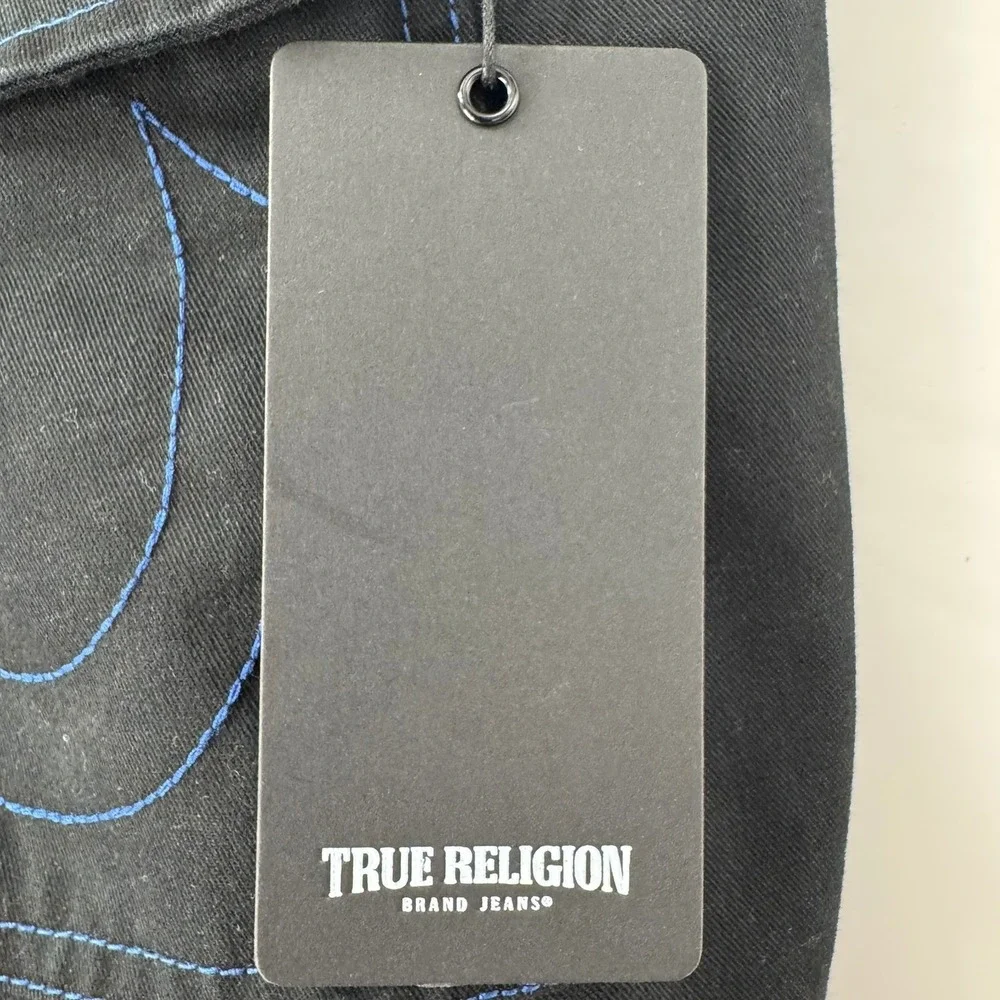 True Religion Mens Cargo Pants Jet Black‎ Pacific Blue Contrast Stitch Size 34